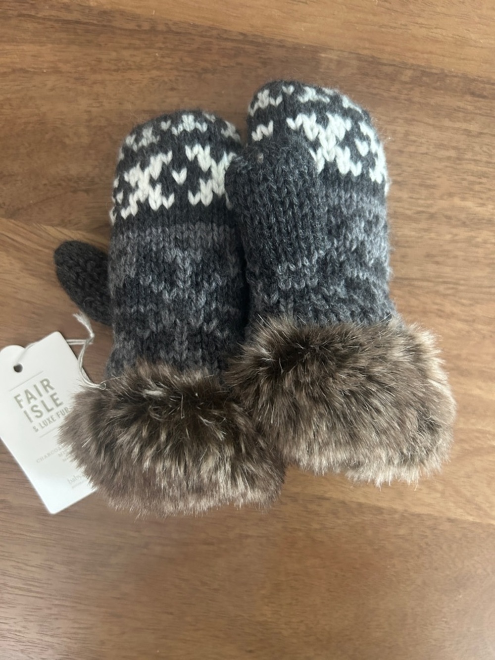 Fair Isle Faux Fur Trim Knit Mittens - Charcoal & Cream XS/S - NWT